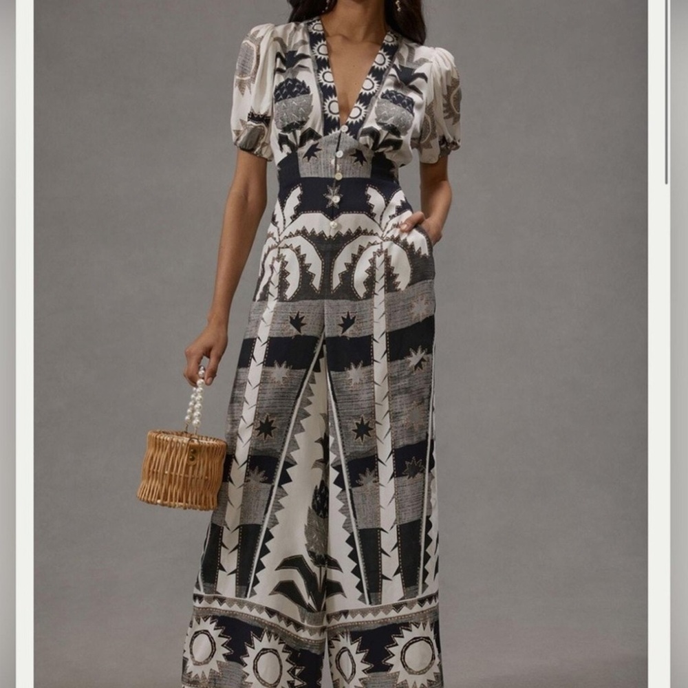 Farm Rio Puff-Sleeve Jumpsuit Black & White Size Petite Small
